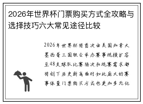 2026年世界杯门票购买方式全攻略与选择技巧六大常见途径比较